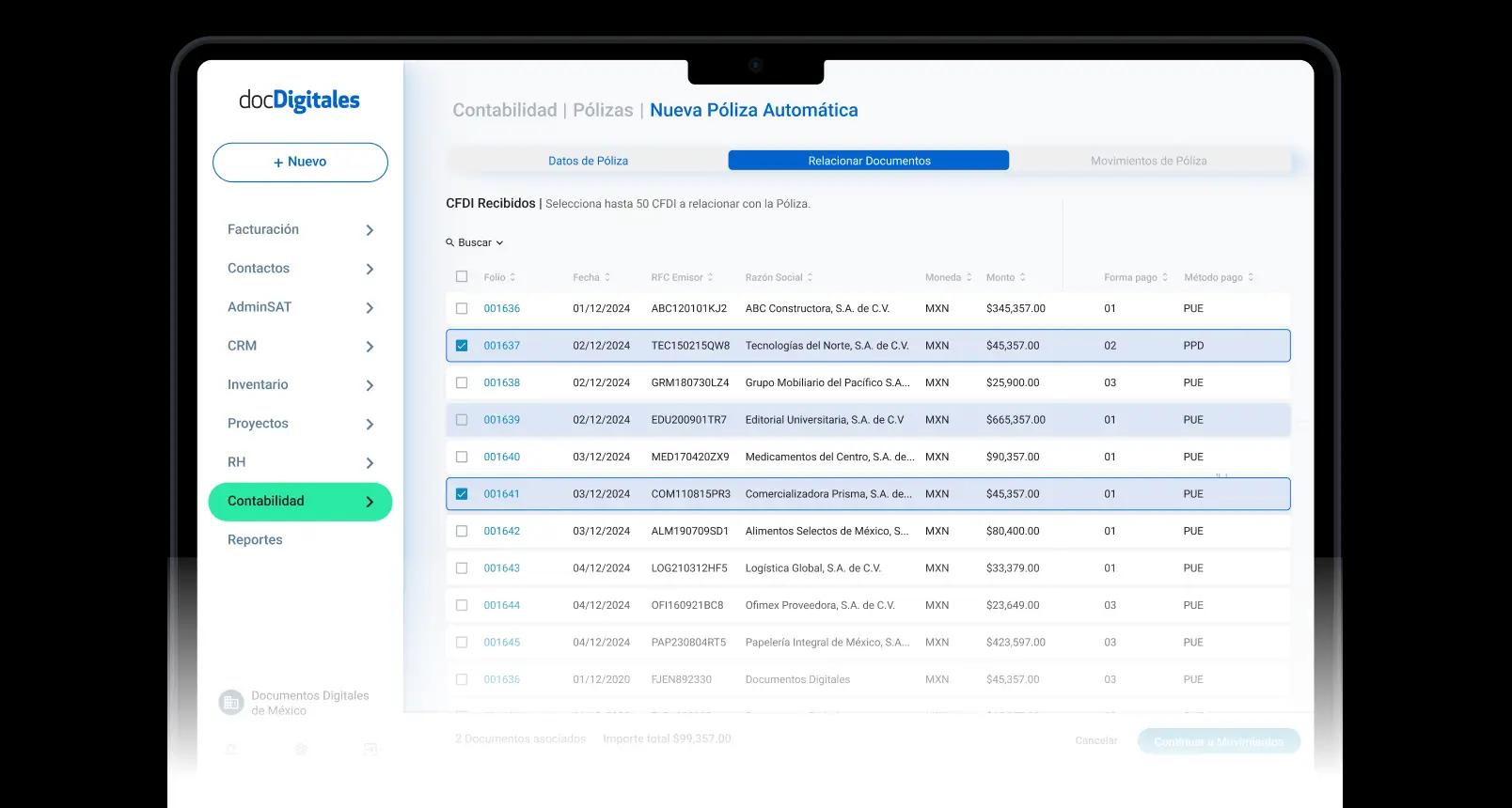Pantalla de la sección de contabilidad del sistema docDigitales